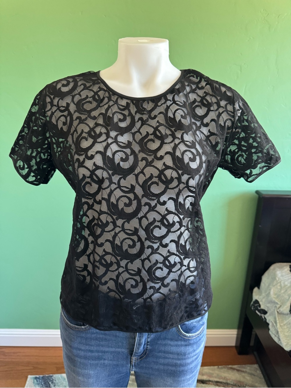 Zara Black Sheer Lace Scroll Pattern Short Sleeve Top Sz Medium